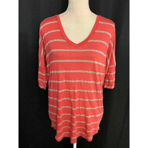 Splendid Womens Pink Gray Striped V Neck Short Sleeve Top T Shirt Medium - Picture 1 of 6
